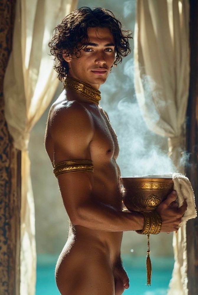 A naked attendant awaits his patron