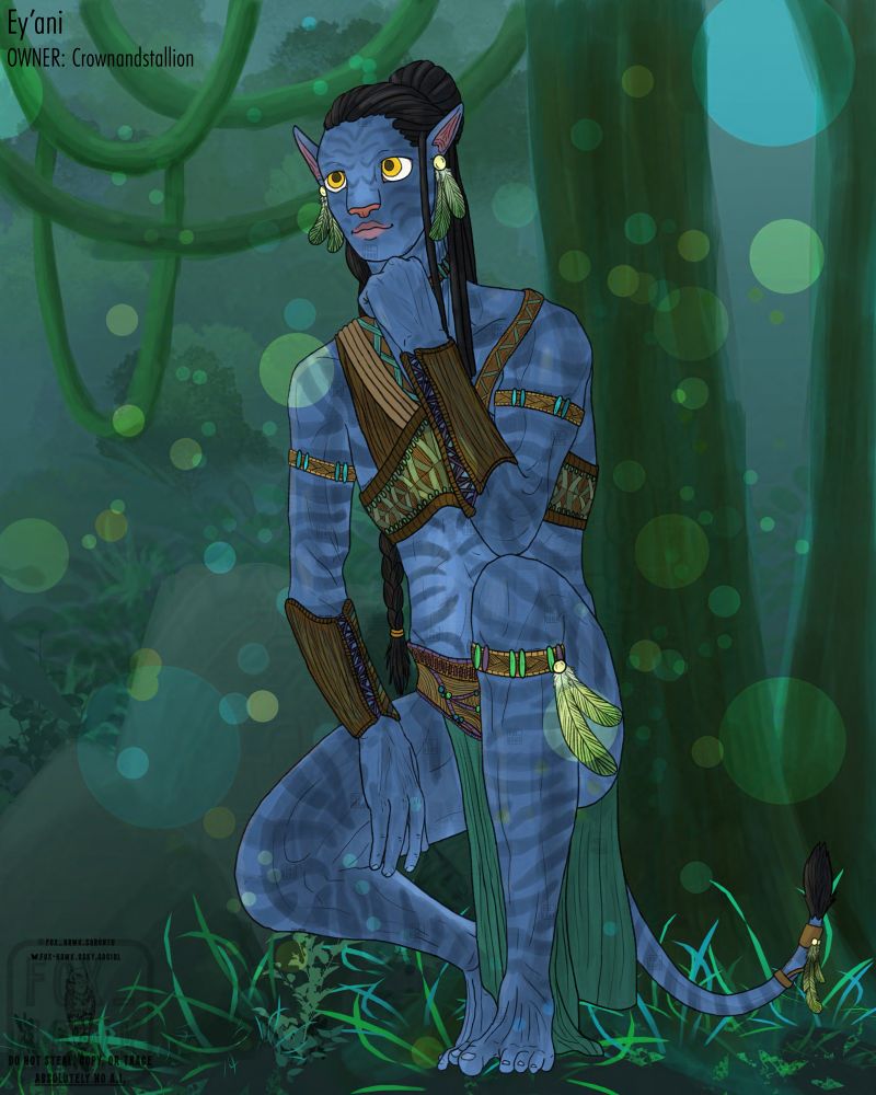 a na’vi man crouched and looking up while the forest buzzed around him. he is lost in deep thought. 