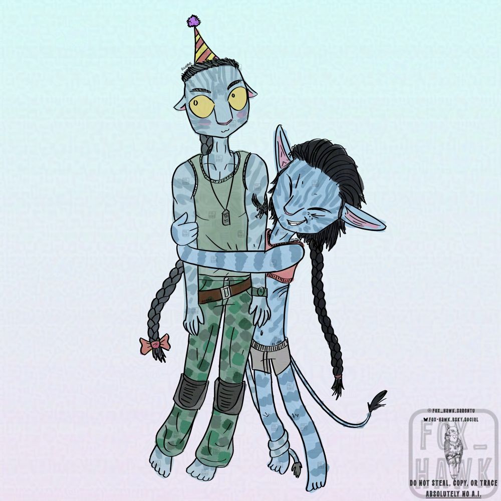 a cartoony/chibi (i tried) drawing of recom Miles Quaritch being squeeze-hugged and lifted off the ground by my sarentu OC Seyko. he has a little birthday hat on his head and a pretty bow tied to the end of his tswin.