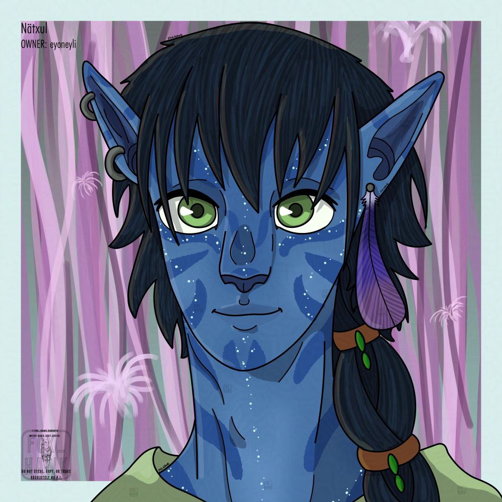 a na'vi boy with shorter medium length hair that comes down over his forehead and into his eyes. he has a green shawl on and green beads in his tswin. His eyes are green and he is smiling a bit shyly. he has two silver hoops in one ear and a purple feather earring in the other. he is standing among the pink tendrils of a spirit tree with atokirina floating behind him.