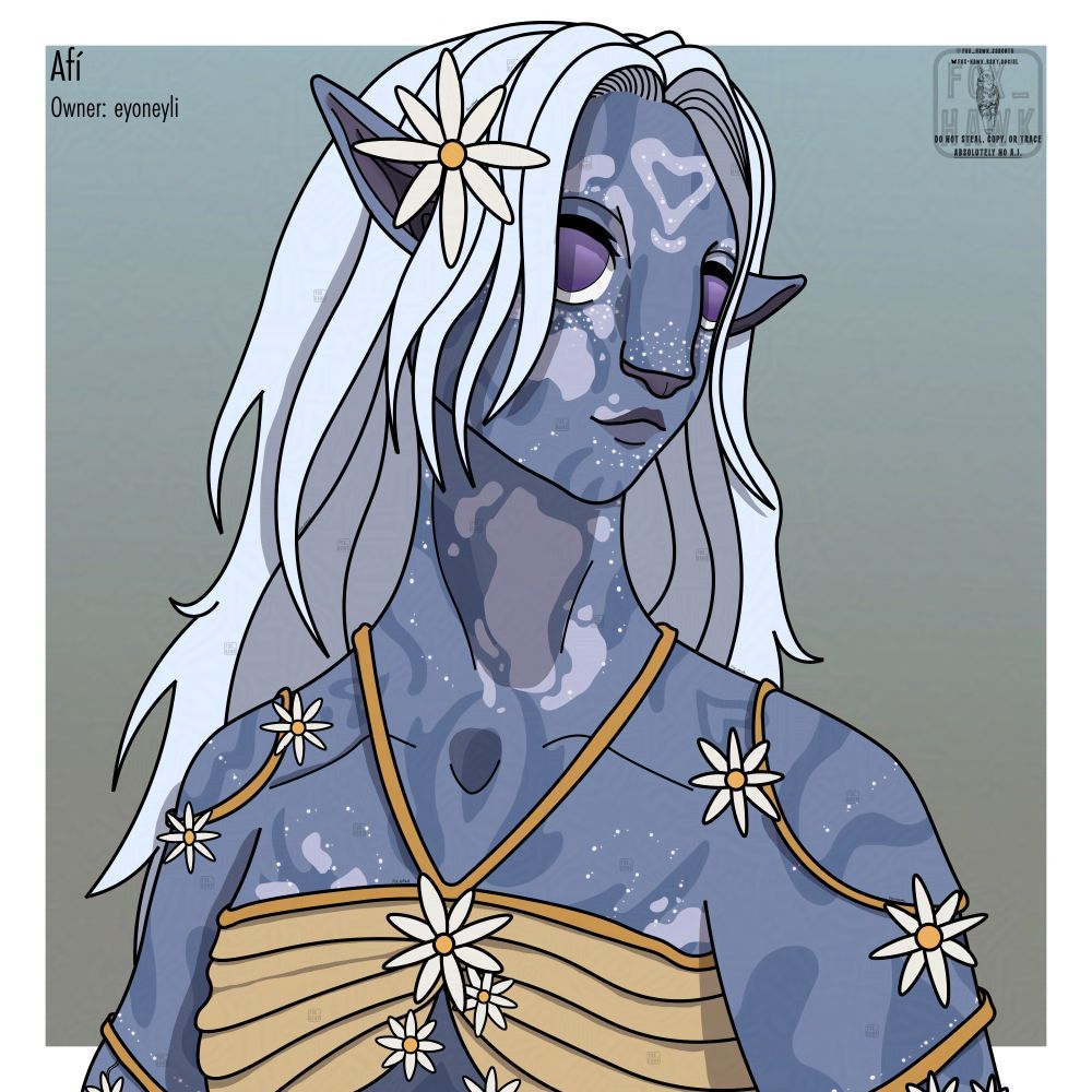 a na'vi woman with big purple eyes and periwinkle skin. she has very unique heart shaped markings, as well as vitiligo. her hair is silver and medium length. she has on a gold chest wrap with gold thin straps securing it, and the same thin straps as arm accessories. she has white daisy-like flowers on her clothes and in her hair.