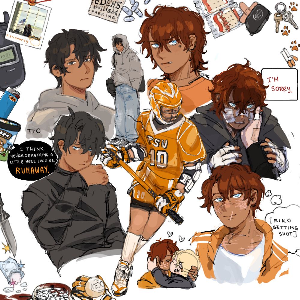 A collage of different Neil Jostens, referencing different moments from the books, including: black haired neil in a grey hoodie, a smaller full body of Neil in baggy faded hoodie and jeans, Neil in a slashed black outfit from his first time at Eden's Twilight next to a speech bubble that says "I think you're something a little more like us. Runaway.", a full body of him in his orange Exy gear, red haired Neil with a scowl and his 4 tattoo, bandaged Neil post-Baltimore with Andrew's hand on his face next to a speech bubble saying "I'm sorry.", scarred Neil with a thought bubble that reads "[Riko getting shot]" and a small chibi drawing of Andreil kissing. The border is littered with an assortment of items, including (counter clockwise) the photograph of Andreil at the airport with my signature/handle, Neol's phone, a blue BIC lighter, a Ben & Jerry's ice cream tub, a knife, a plastic ziplock bag of cracker dust, a bloody racquet, an Exy glove and ball, cigarettes, orange paw prints, a pair of keys, a Maserati key fob, bandages, cracker packets that are branded "Sweeties", scattered pills, an a parking receipt for Eden's Twilight. 