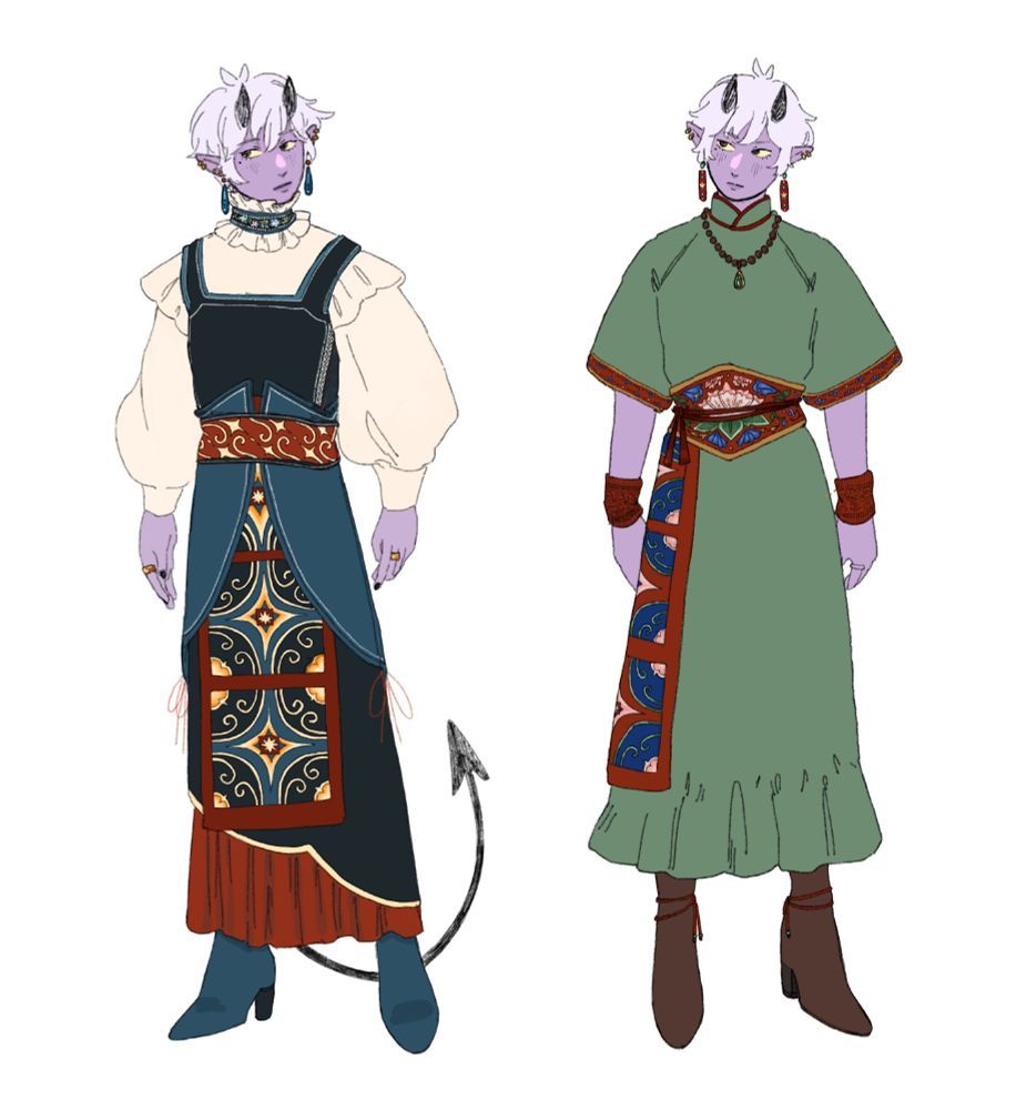 two full bodies of khar'rel. on the left, he's in a white balloon sleeved blouse with ruffles at the shoulders. He has a black bodice and different tiers of skirts and belts, with a patterned red sash around the middle and a red skirt. On the right, he's in a green dress with a patterned red belt.