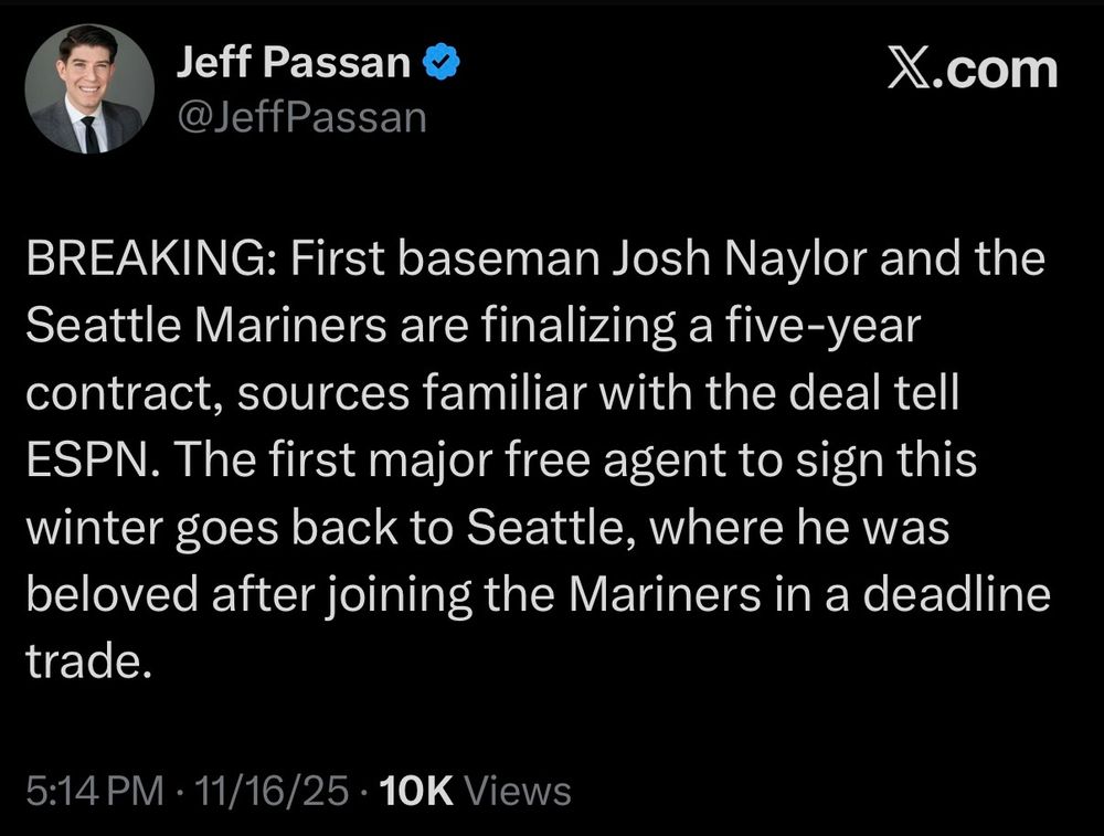 BREAKING: First baseman Josh Naylor and the Seattle Mariners are finalizing a five-year contract, sources familiar with the deal tell ESPN. The first major free agent to sign this winter goes back to Seattle, where he was beloved after joining the Mariners in a deadline trade.