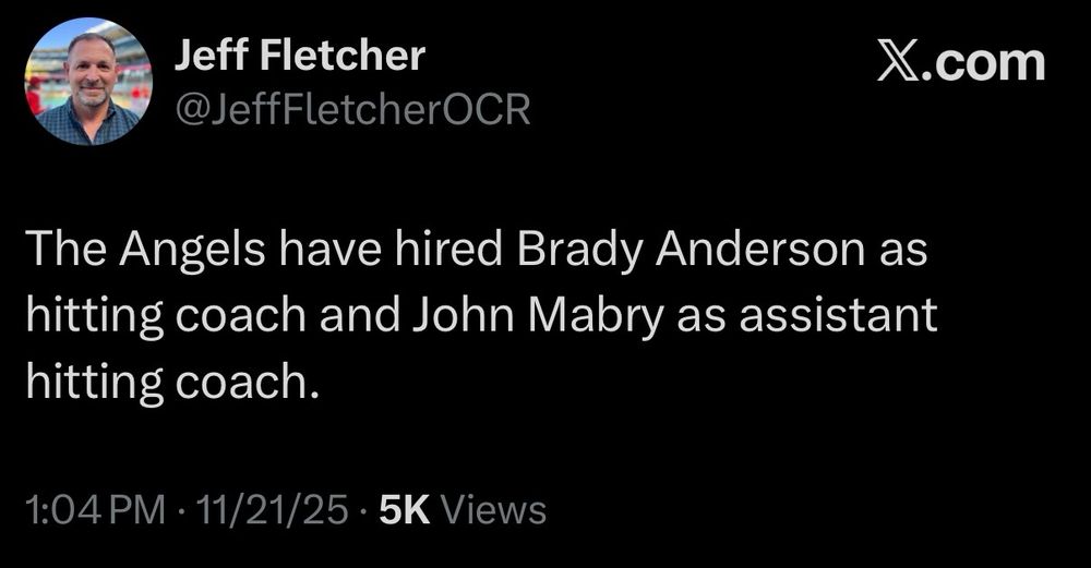 The Angels have hired Brady Anderson as hitting coach and John Mabry as assistant hitting coach, per Jeff Fletcher of the OC Register. 