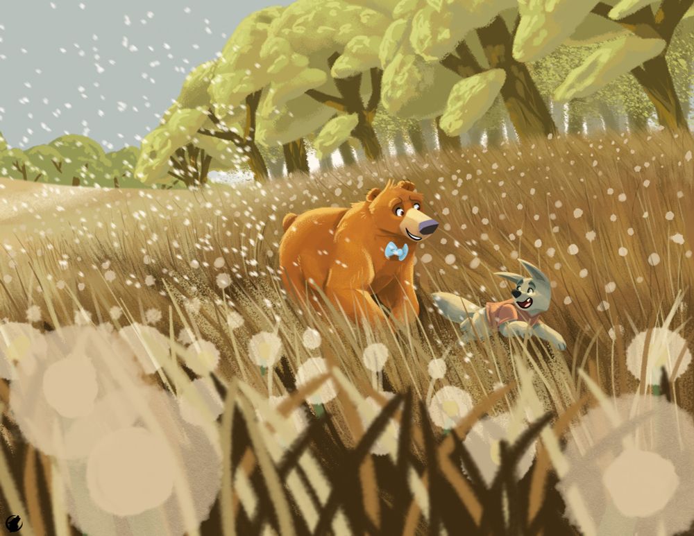 Art of Wolf and Bear run through a field of dandelions