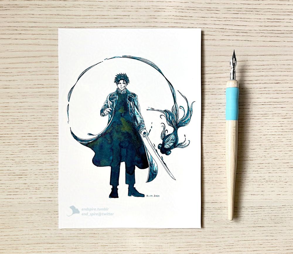 ink illustration of chihiro from kagurabachi, with a black goldfish swimming in a circle over his head