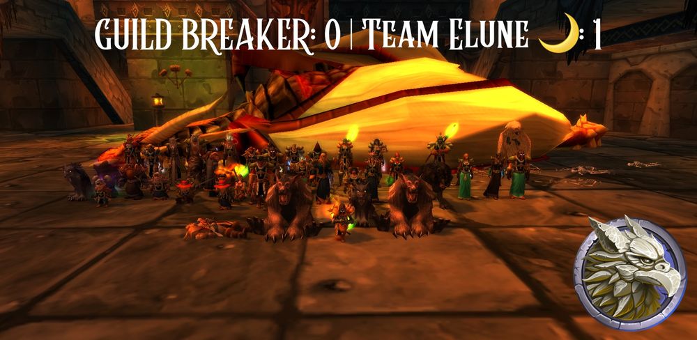 Screenshot of the Guilds Raid Team Post Vaelastrasz with the Guild Logo in the right hand corner and “Guild Breaker: 0” “Team Elune: 1” in a bold font at the top