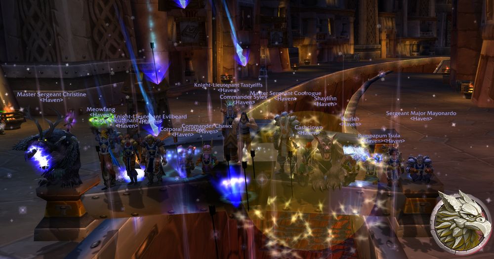 Screenshot of Haven Guild Members who participated in helping Sylex obtain his Chest Piece gathered on the Ironforge Bridge celebrating with AoE's and Dancing