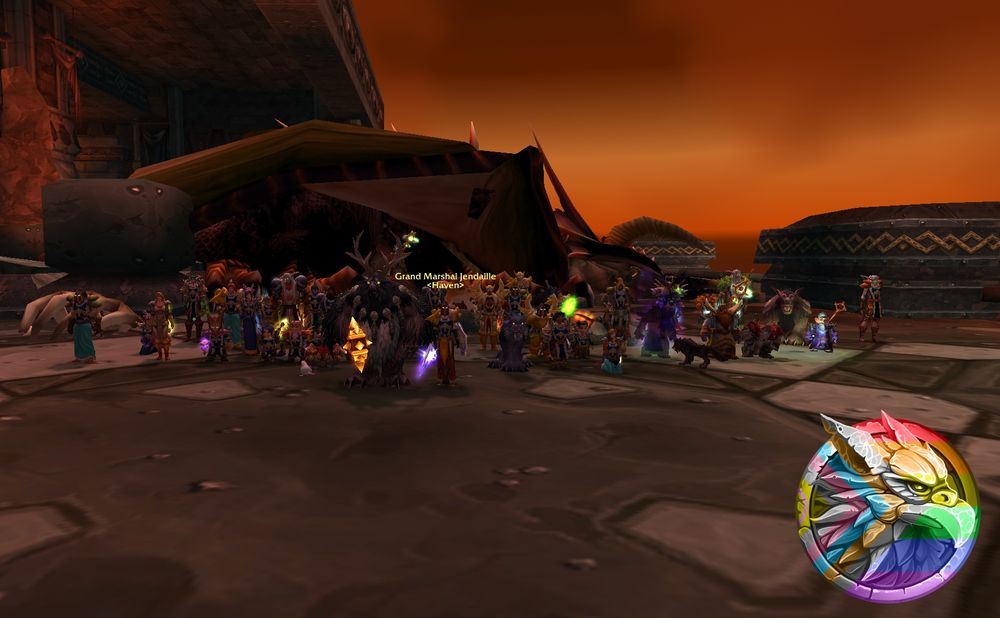 Screenshot from World of Warcraft, showing the Raid Guild Haven standing in front of Nefarian’s Corpse.