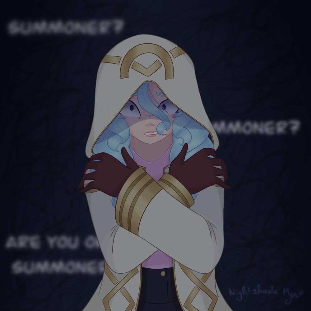 Art of my Summoner OC Cresselia, who’s got her arms crossed over her chest as if to hug herself. She has a frantic look on her face. Behind her is the text “Summoner?” “Summoner?” and “Are you okay Summoner?”, but it’s been blurred, as if to suggest she’s not fully listening. 