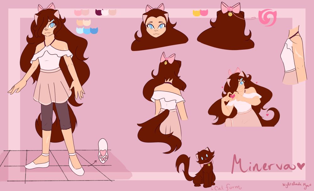 Reference sheet for my OC Minerva: A catgirl with dark brown hair and blue eyes. She’s covered in pink, sporting a pink top and skirt as well as a pink bow behind her head, from which hangs a collar tag. 