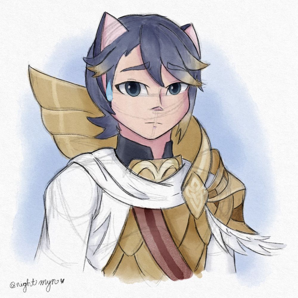 Watercolor style drawing of Alfonse from Fire Emblem Heroes as a catboy 