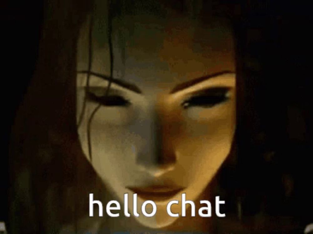 a close up of a woman 's face with the words hello chat written on it