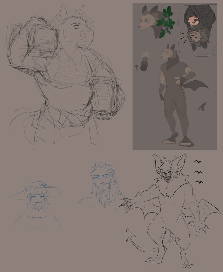 a collection of doodles on a tan background. theres a strong looking anthro horse carrying two square hay bales with strong muscles, two anthro bats as a before and after on fursona design, one is colored one is just lines the colored bat is earthy dirt tones, two human ocs one is a happy woman in a hat, her hair is short and choppy, a man with facial hair and dreads is next to her