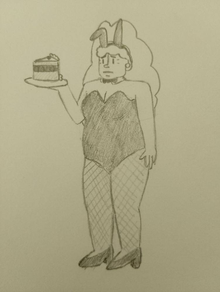 penny biddlecombe in bunny suit holding plate. she does not look happy