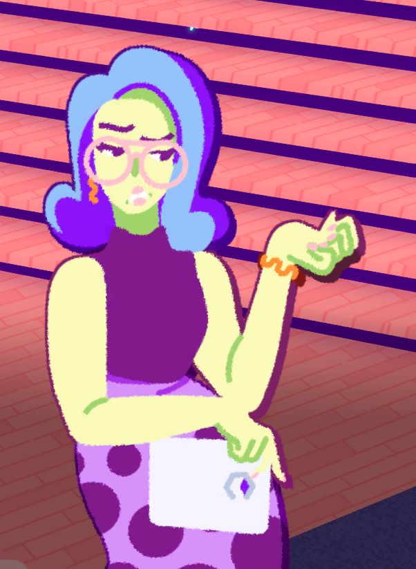 Tappi Goingunder, a green office accountant lady with blue hair holding a tablet