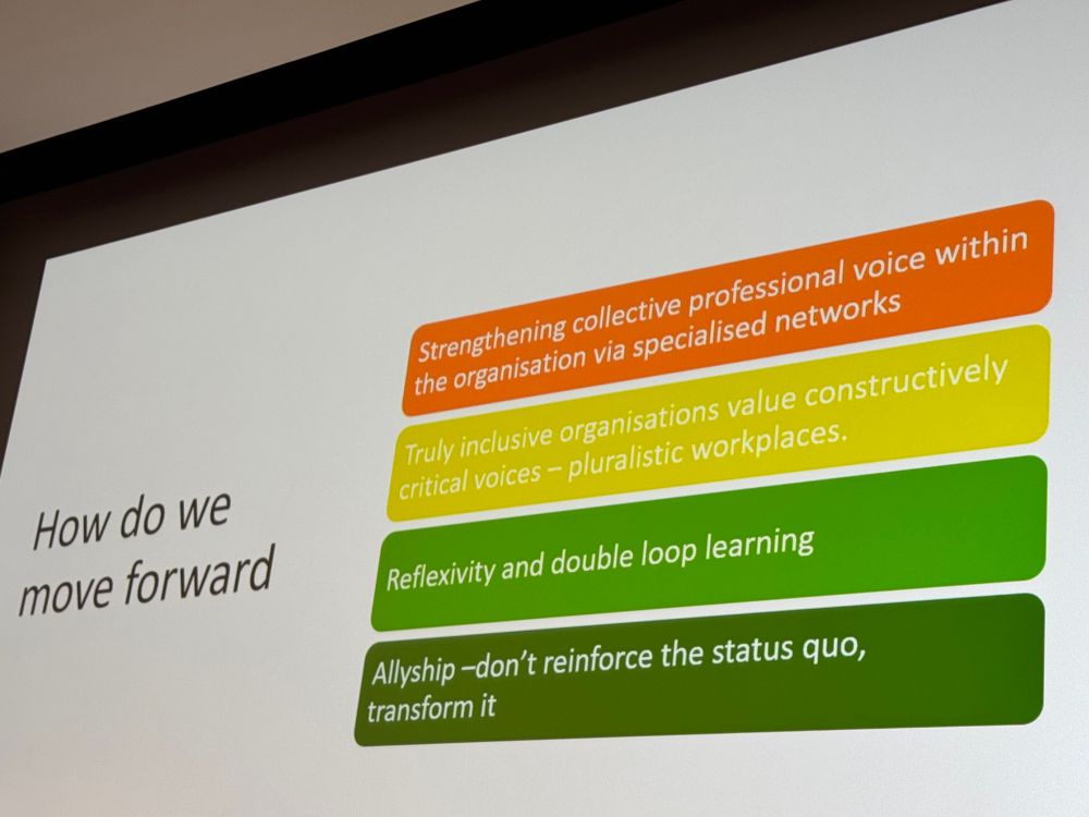 Slide asking, How do we move forward? Solutions highlight strengthening professional voice via networks, valuing constructively critical voices, reflexivity and learning, and allyship.  