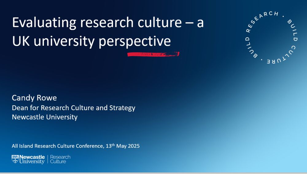 Blue title slide with talk title on, Evaluating research culture - UK university perspective