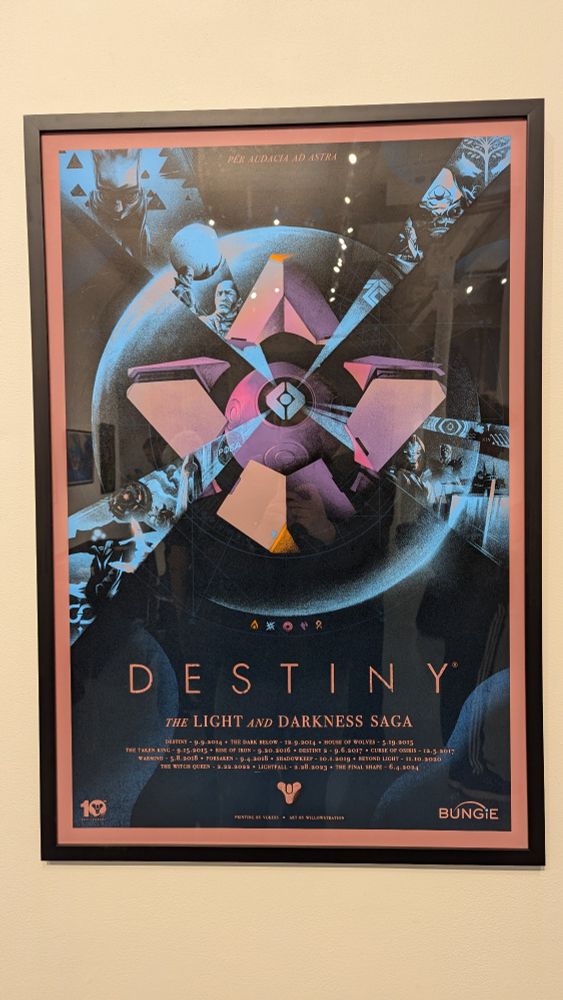 "EYES UP" Graphic art print by Lyndon Willoughby. In a style similar to a movie poster, a Ghost is shown against a dark backdrop. Four beams of light are emitting from the Ghost's eye, in an X formation. Various characters from the Destiny Universe are depicted within the beams of light. Symbols for the 5 Light and Dark elements are shown, as well as the word "Destiny" in large format, subtitled "The Light and Darkness Saga"
