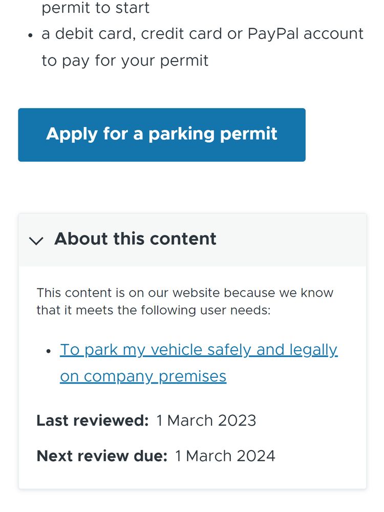 A web page. At the bottom of the page, an open accordion reveals the user needs that this page of content is meeting, as well as review dates for the content.