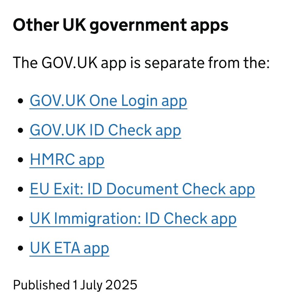 Screenshot from GOV.UK. Reads: Other UK government apps. The GOV.UK app is separate from the GOV.UK One Login app, GOV.UK ID Check app, HMRC app, EU Exit: ID Document Check app, UK Immigration: ID Check app, UK ETA app."