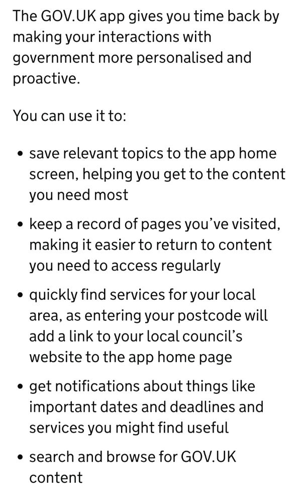 Screenshot from GOV.UK introducing the GOV.UK app. It explains that using the app I can browse GOV.UK content, get notifications, find local services, keep a record of pages I've visited, save relevant topics.