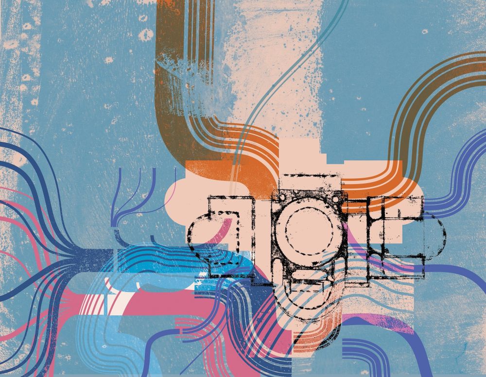 Illustration by Shonagh Rae depicting abstracted flows of information channels through a blueprint of the US Capitol building.