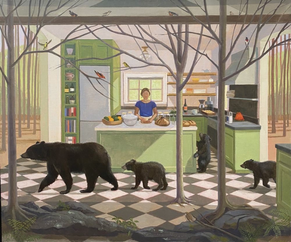 KATHRYN FREEMAN, The Baker & the Bear, 2023, oil on linen, 30 x 36 inches. A woman in a blue top stands at a kitchen island making bread, while a black blear and her three cubs parade across the black-and-white diamond tile. 
