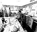 Highly dithered, low res B&W photo of women in a kitchen