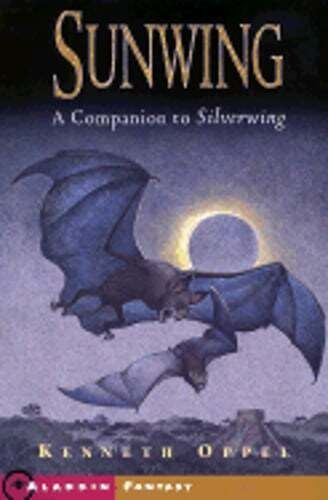 A giant bat looms over a smaller bat in the air against an eclipse. 