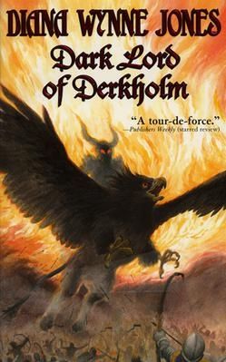 book cover, a black griffin soars above a battlefield with a horned figure on his back.