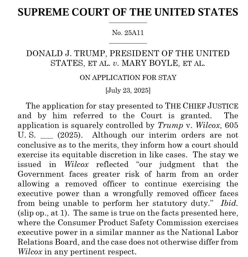 The application for stay presented to THE CHIEF JUSTICE and by him referred to the Court is granted.  The application is squarely controlled by Trump v. Wilcox, 605 U. S. ___ (2025).  Although our interim orders are not conclusive as to the merits, they inform how a court should exercise its equitable discretion in like cases.  The stay we issued in Wilcox reflected “our judgment that the Government faces greater risk of harm from an order allowing a removed officer to continue exercising the executive power than a wrongfully removed officer faces from being unable to perform her statutory duty.”  Ibid. (slip op., at 1).  The same is true on the facts presented here, where the Consumer Product Safety Commission exercises executive power in a similar manner as the National Labor Relations Board, and the case does not otherwise differ from Wilcox in any pertinent respect.