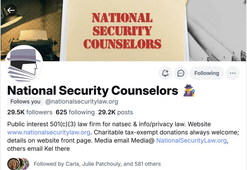 Public interest 501(c)(3) law firm for natsec & info/privacy law. Website www.nationalsecuritylaw.org. Charitable tax-exempt donations always welcome; details on website front page. Media email Media@ NationalSecurityLaw.org, others email Kel there