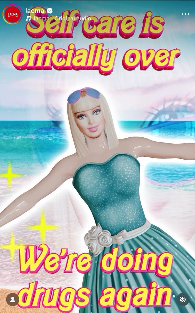 Still from a video of animated text from @itsanimatedtext with Barbie in a teal dress with the words self care is officially over, we’re doing drugs again overlaid