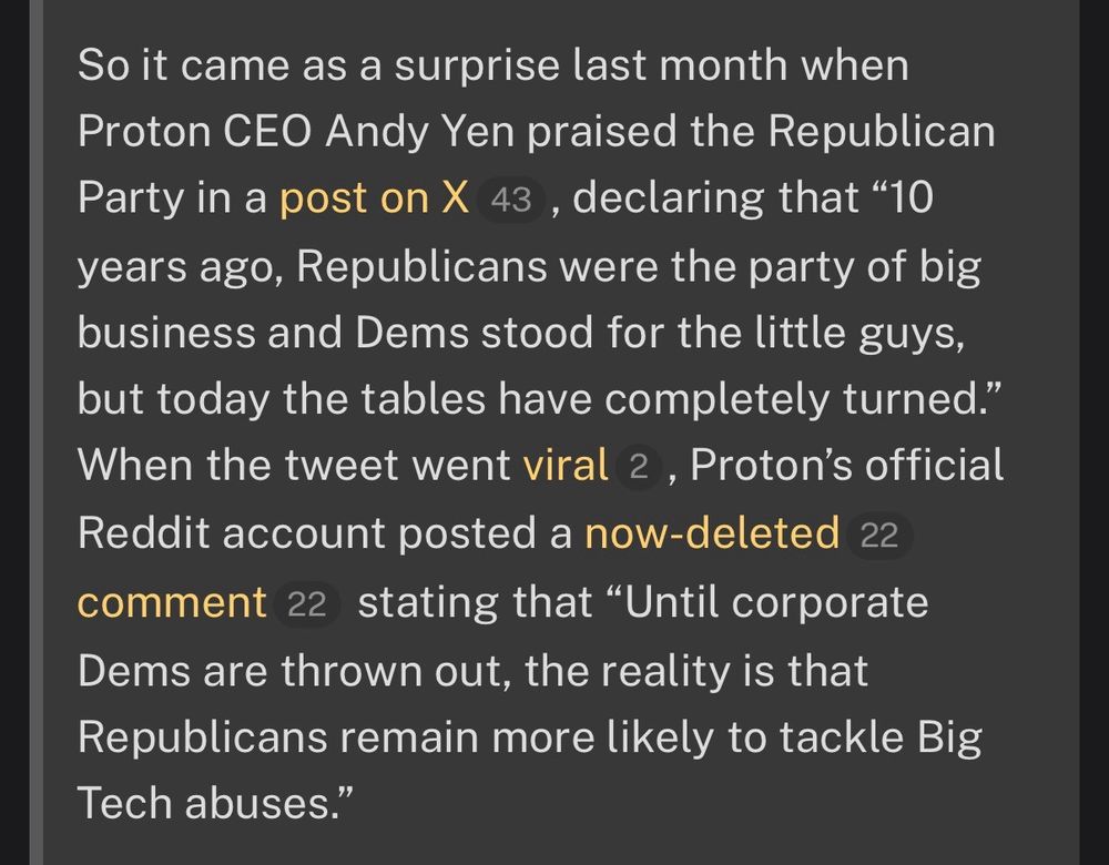 Proton (of proton mail) saying that republicans now "stand for the little guys" and that democrats must be "thrown out" to tackle big tech abuses