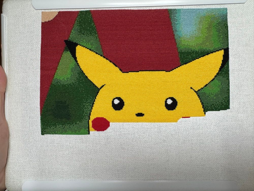 A cross stitch project of the Shocked Pikachu meme. It is 75% complete, so we can see Brock’s legs, Pikachu’s head down to his eyes, nose, one of his red little cheeks, and a lot of out of focus bushes in the background. 