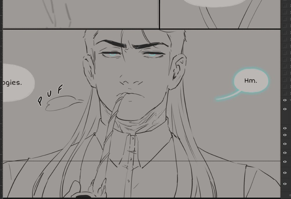 Cropped screenshot of a comic page WIP, featuring my OC Manasseh looking dissapointed/annoyed since he doesn't know any other expressions when talking to his Council.