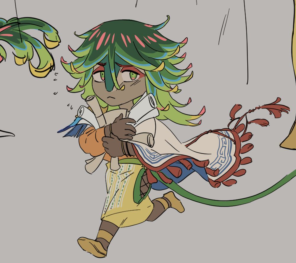 Doodle of my oc Zehniq, part of his character sheet. He's portrayed in chibi form holding a bunch of scrolls, probably on his way to store them.
