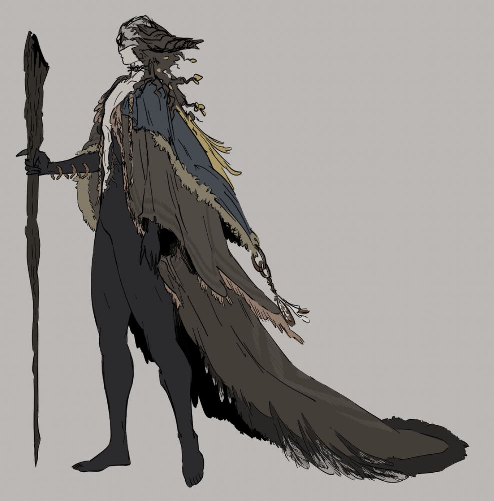 Colored doodle of a character design, heavily nordic inspired in muddy and earthly tones. Their eyes are covered with a headpiece with a single gem in the middle, their ears covered in twisted tree trunks. Three layers of fabric decorated with feathers and fur drape from their dark grey skinned body. They're holding onto a life-sized staff that looks like a long tree branch, hollowed out on the top. 