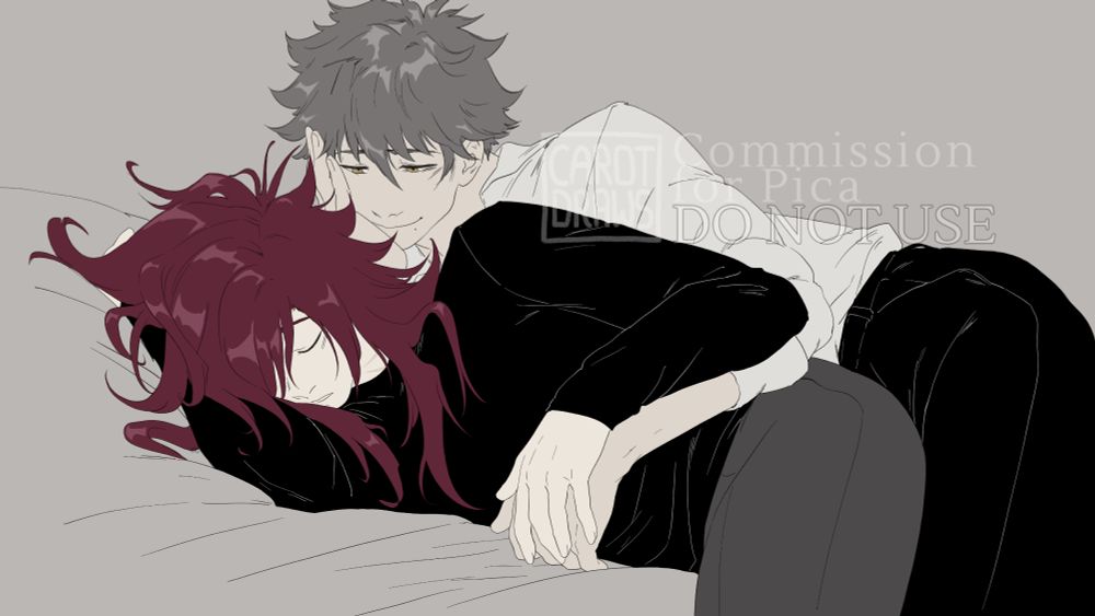Colored sketch commission for Pica of their characters spooning