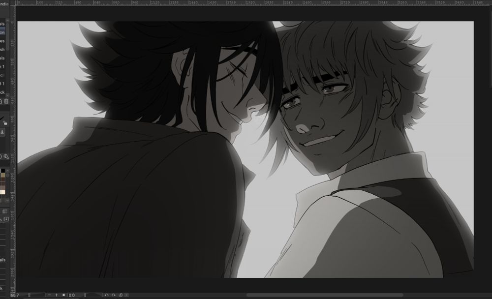 Grayscale doodle of my ocs Enzel and Kariv smiling at each other
