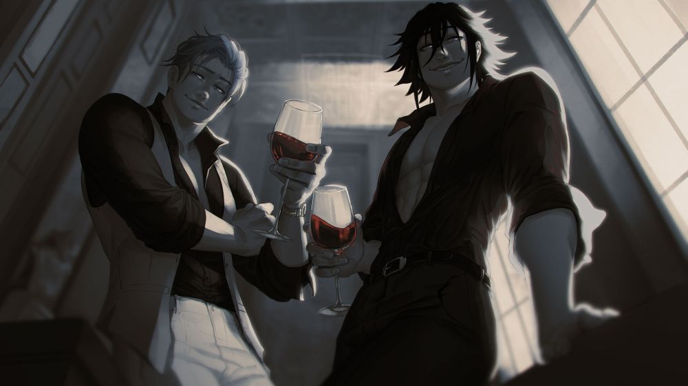 Digital painting of two ocs, Leo on the left belongs to my friend and Enzel on the right is mine. They're depicted in a modern AU setting, with some slight changes to their character but still true to their nature (Leo being the head of a branch within an organization called Blackstone and Enzel being the owner of a club. They've known each other since they were kids).
They're looking down at the camera with a smile, each holding a glass of red wine in their hands. Leo has his arms crossed and they both lean against some desks. The colors are muted except for their signature colors, blue for Leo and red for Enzel. 