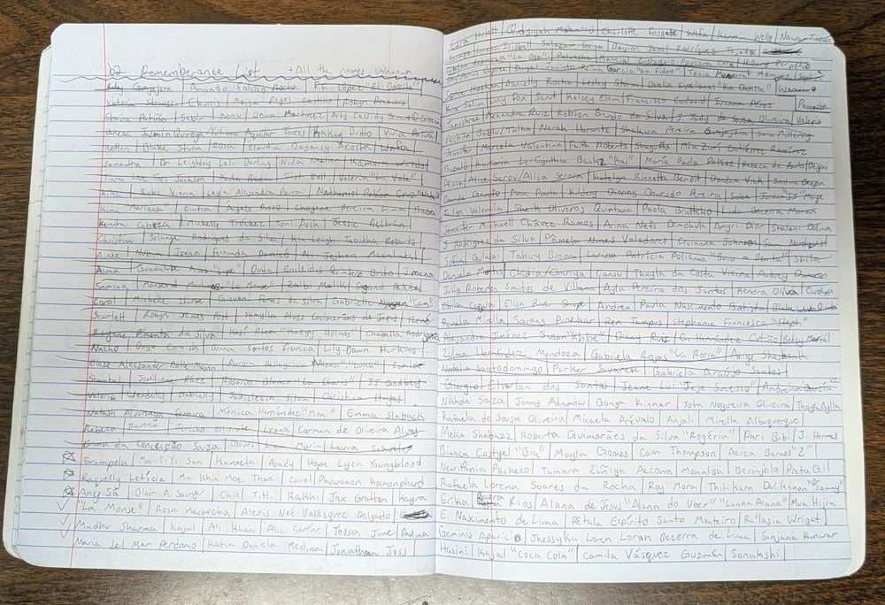 Notebook placed open on a desk. Both pages are filled with names and titled "Rememberance List" at the top of the left page. 