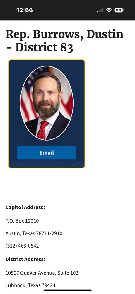 Screen shot of Speaker Dustin Burrows web page and contact information from the Texas Legislature. 