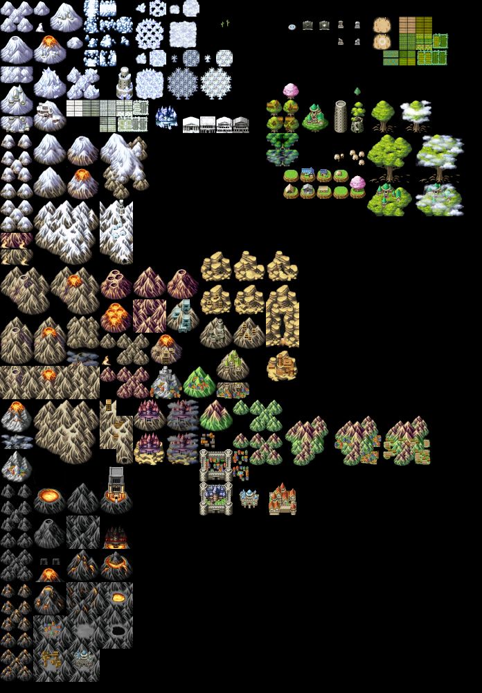 This is an image of several different types of terrains for an overworld map from older JRPG games, specifically made for RPG maker MV. In the upper left corner is snowy biomes and mountains, snow and ice covered forests and crystals along with snowcapped mountains for cleaner transitions to other mountain types. There's also snow covered farmland, a tower, and a few snow covered temples or ruins. There are even two mountain tiles with a volcanic top. 
In the mid section of the image is several regular mountains without any snow on them, ment to help the transition between the two. There's also four new types of mountain ranges, including a more redish mountain range tone, a lush green based mountain range and a rocky canyon type of mountain range. Each mountain range also conains a few new tiles for buildings to be placed either around or on top of the mountains offering new places to explore for a player. 

The bottom left contains black mountains covered in ash and soot, and contains many more magma and lava flow throughout the tileset as well as new village and castle placements.
In the upper right corner, there's several non-snow covered farmland tiles, and a few different versions of large scale trees with clouds covering some of their tops. There's also some housing options, including ones in trees, but also other buildings that could be used as temporary or unique structures. There's also a couple of tent tiles for temporary travel tiles and two unique entry ways to forest tiles