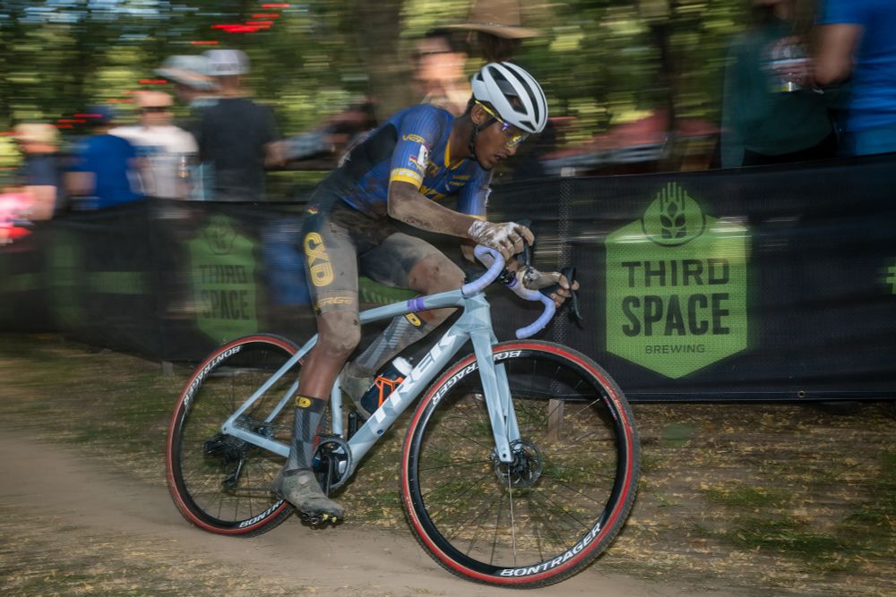 Tofik Beshir of CXD Trek Bikes is carrying around some of the course with him during Sunday's C2 UCI Elite Men's race.