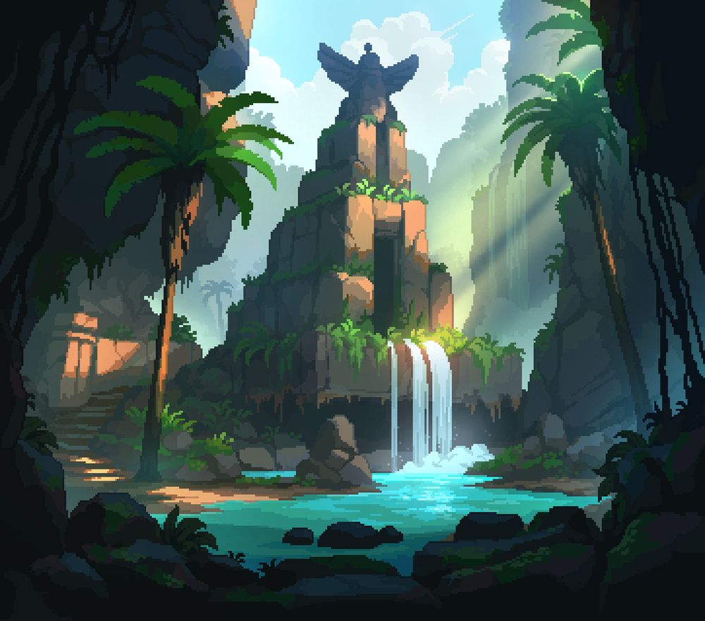 2d pixel art illustration concept art of a ruined overgrown ancient temple structure in a tropical island jungle, for the indie JRPG game Moonfell