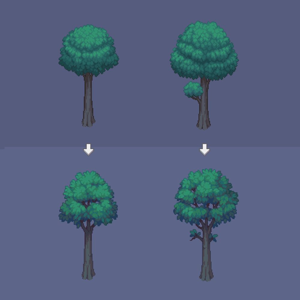 pixel art old vs new spritesheet of tree assets for a 2D rpg game