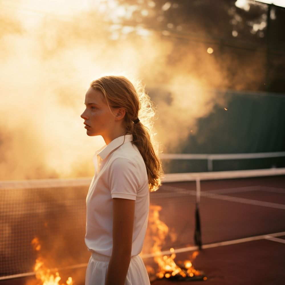 the tennis court was on fire, she was dressed in white. Sunlight at dawn, Kodak portra 400 --style raw --v 5.2